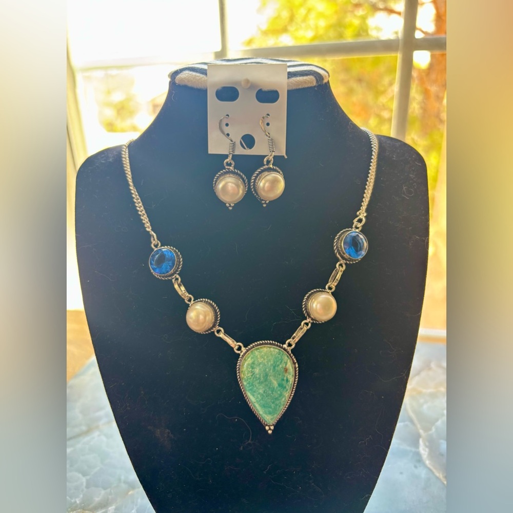 Handmade Amazonite Pearl Jewelry Set On 925 Sterling Silver. Sz 20”